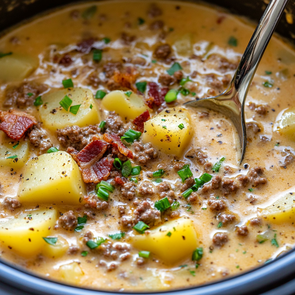 Creamy potato soup with beef and bacon garnish.