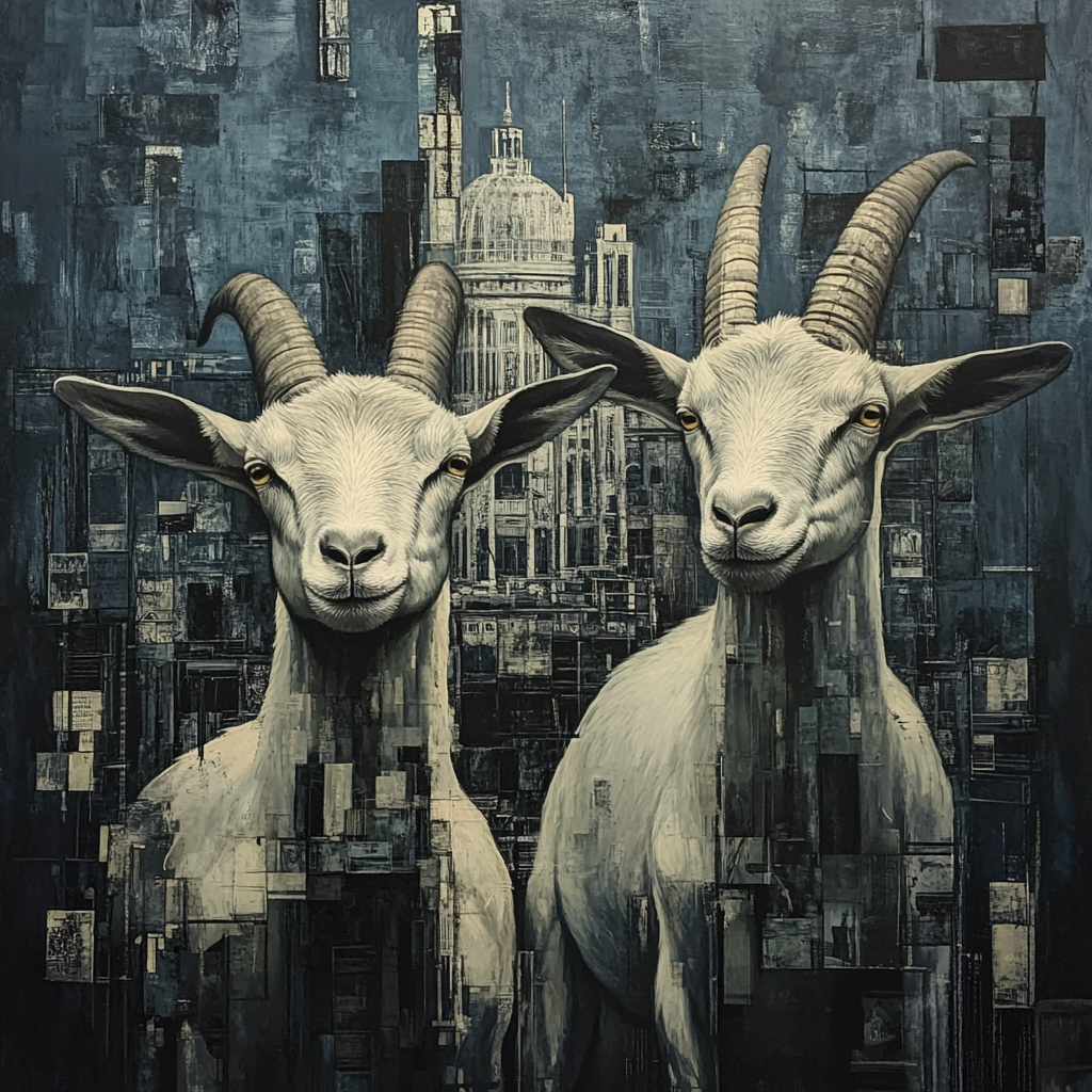 Create futuristic painting with two goats and building.