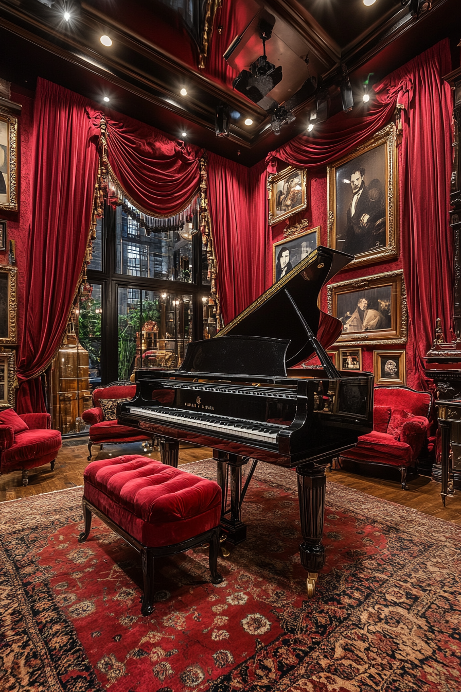 Create music room with Phantom’s Opera drama, grand piano.