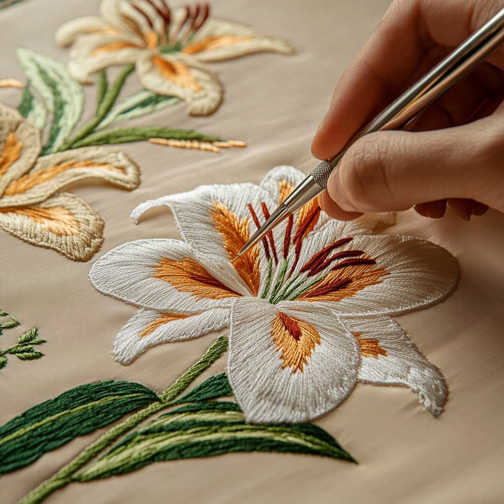 Creating a Lily Flower Design on Beige Silk