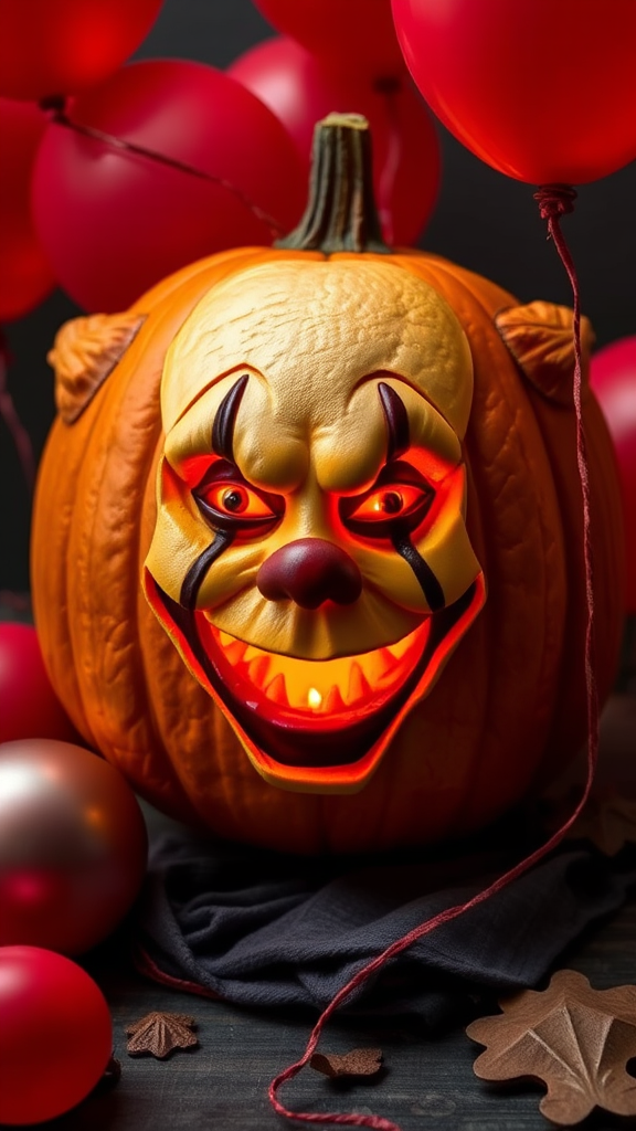 Creepy Pennywise pumpkin with red balloons and child.