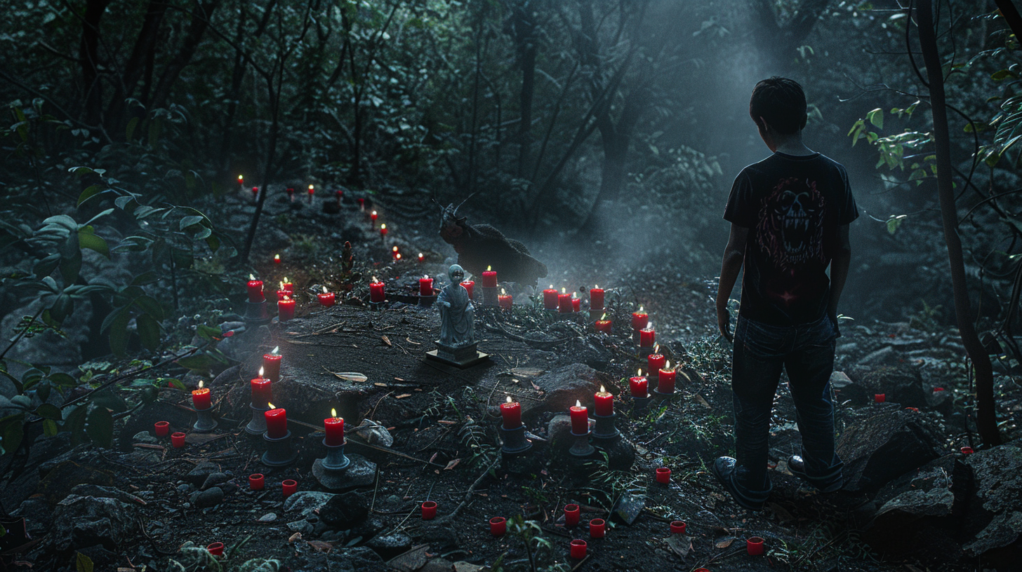 Creepy forest scene with Santa Muerte statue