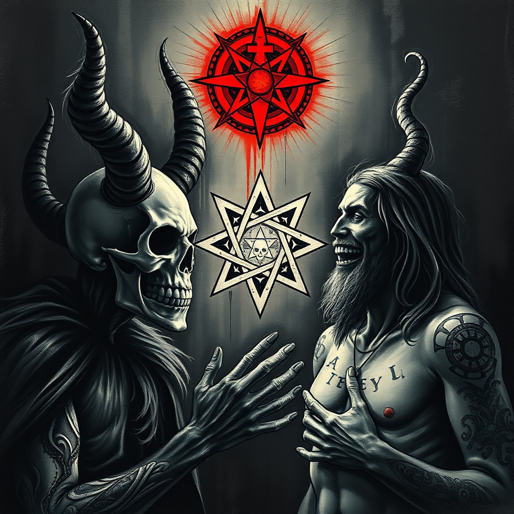 Creepy shadowy skulls with ancient runes; Satan and Jesus laugh at star Creepy shadowy skulls with ancient runes; Satan and Jesus laugh at star