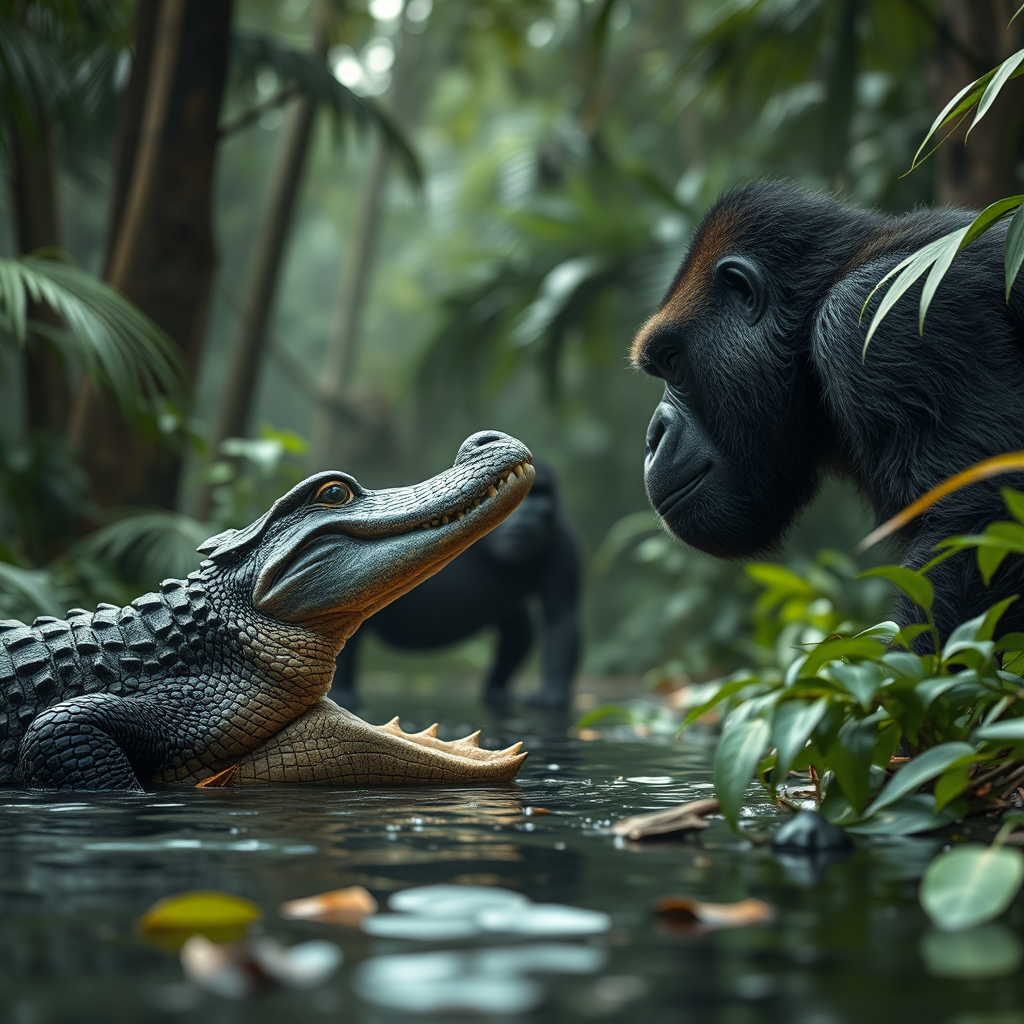 Crocodile and gorilla meet in jungle standoff