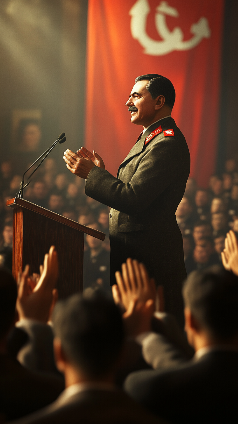 Crowd claps nervously as Stalin delivers oppressive speech.