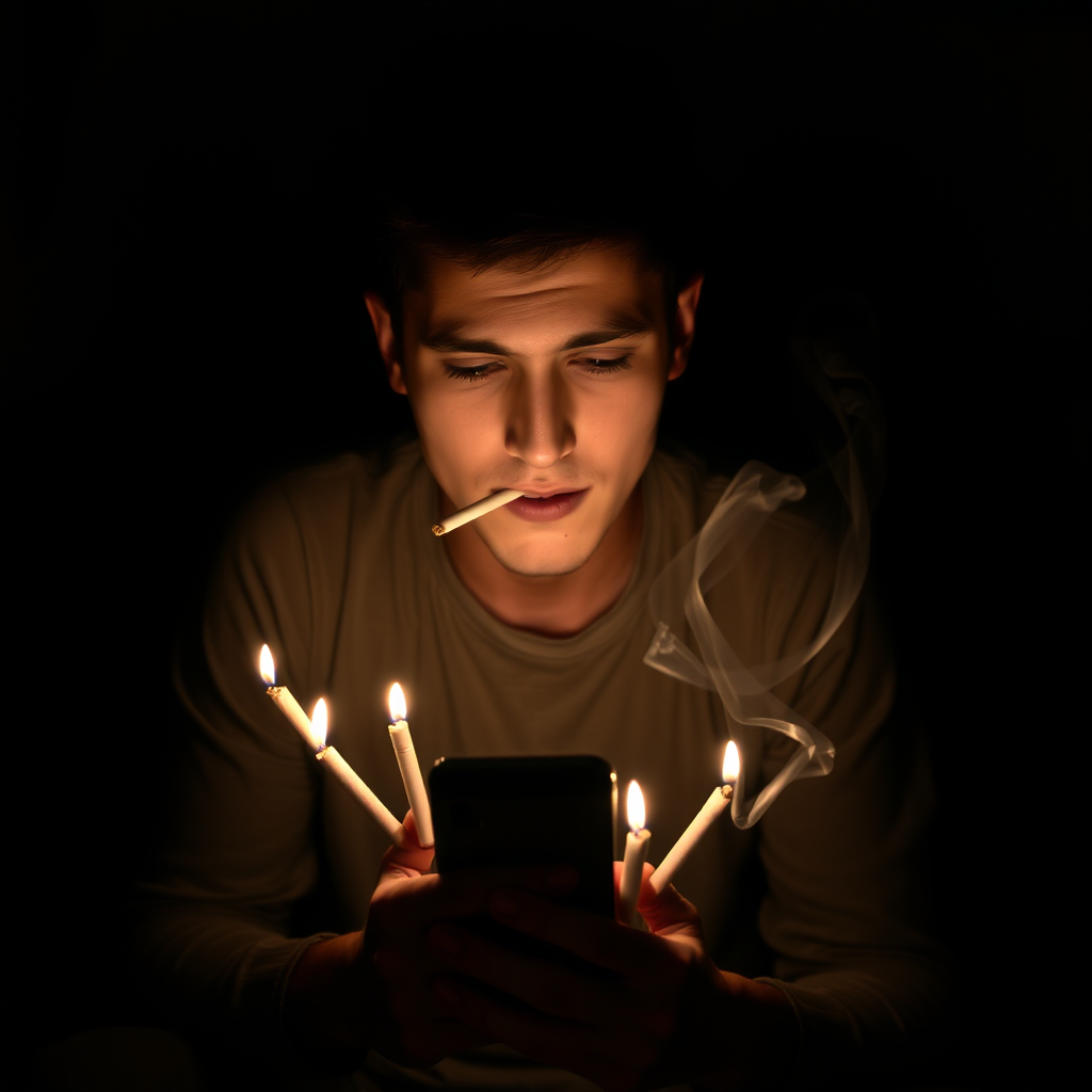 Crying man sits in room with cigarettes circle.