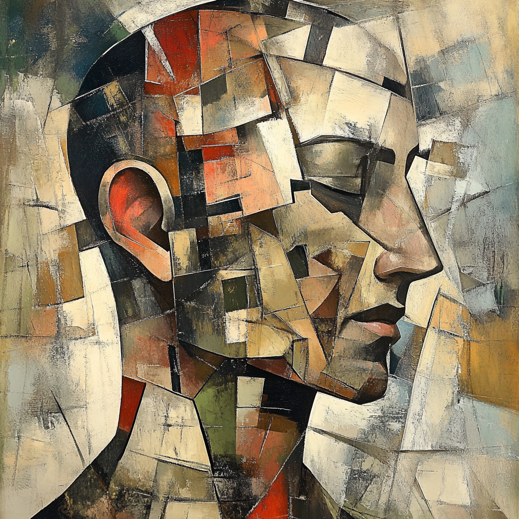 Cubist human head: fragmented, geometric, muted colors, dynamism.