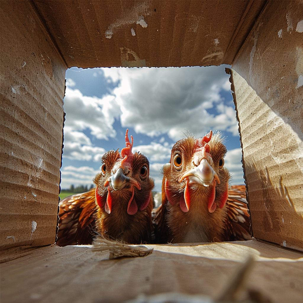 Curious chickens peek into box with viewer inside