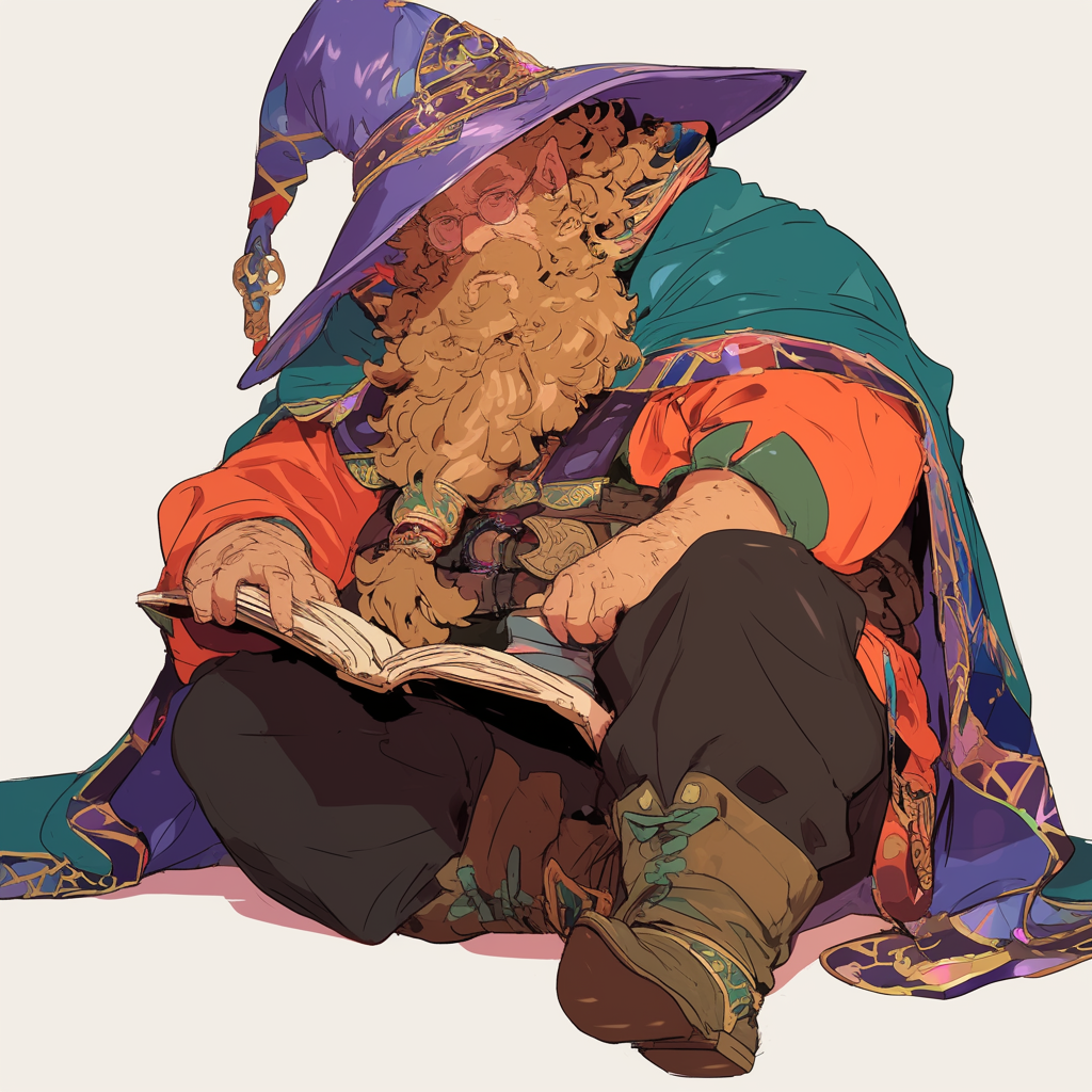 Curious dwarf wizard in colorful robes reads book