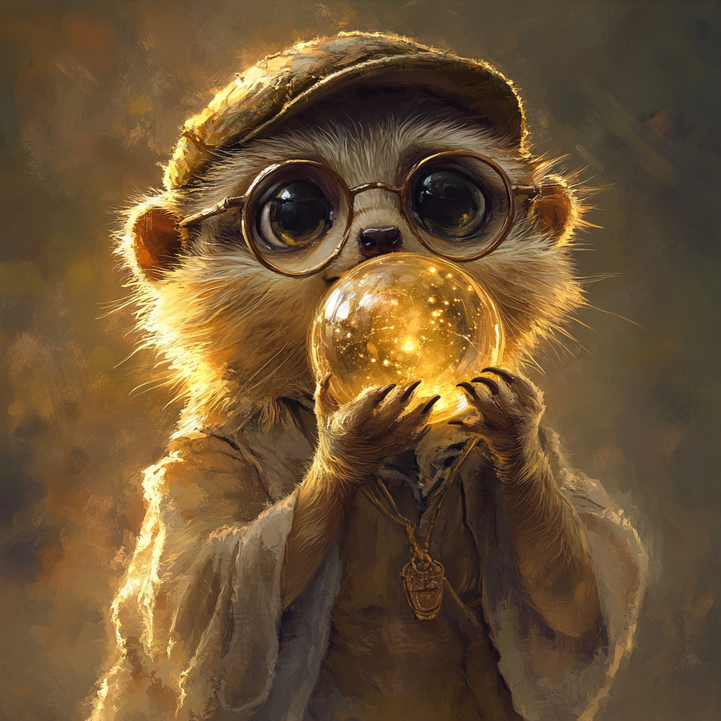 Curious meerkat with glasses holds magical orb