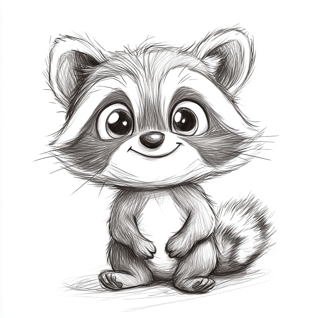 Curious raccoon in playful pose, hand-drawn style