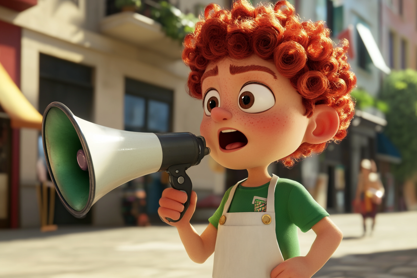 Curly Haired Cartoon Chef Calls Customers with Megaphone