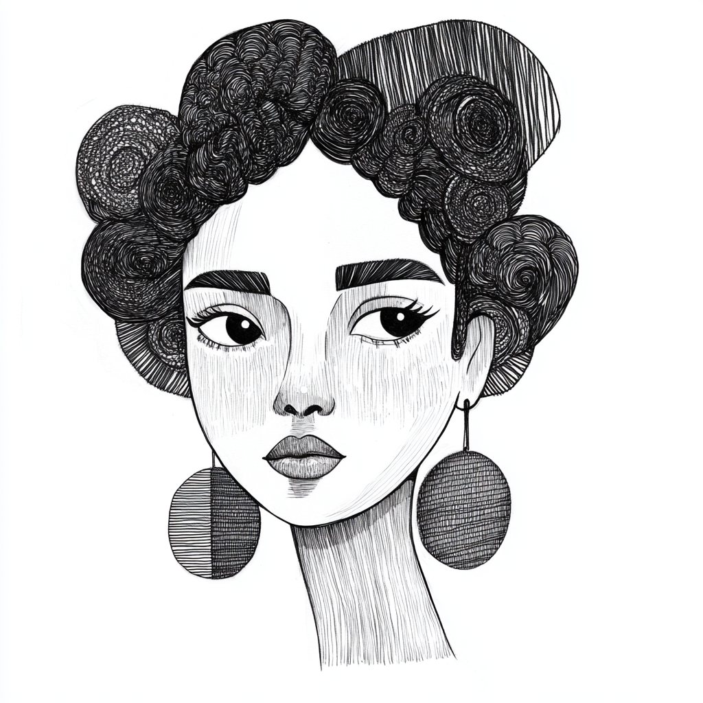 Curly-haired woman with large earrings in simple design