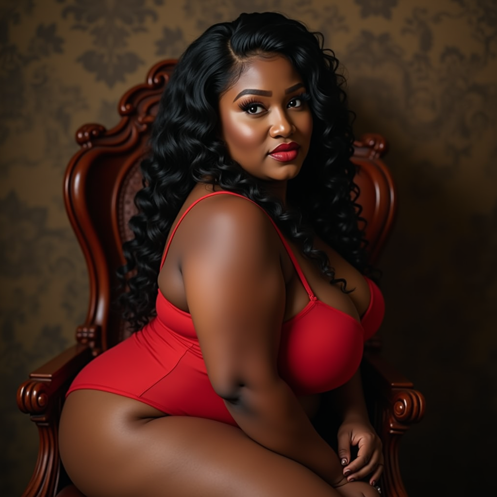 Curvy Woman Poses in Red Lingerie on Wooden Chair