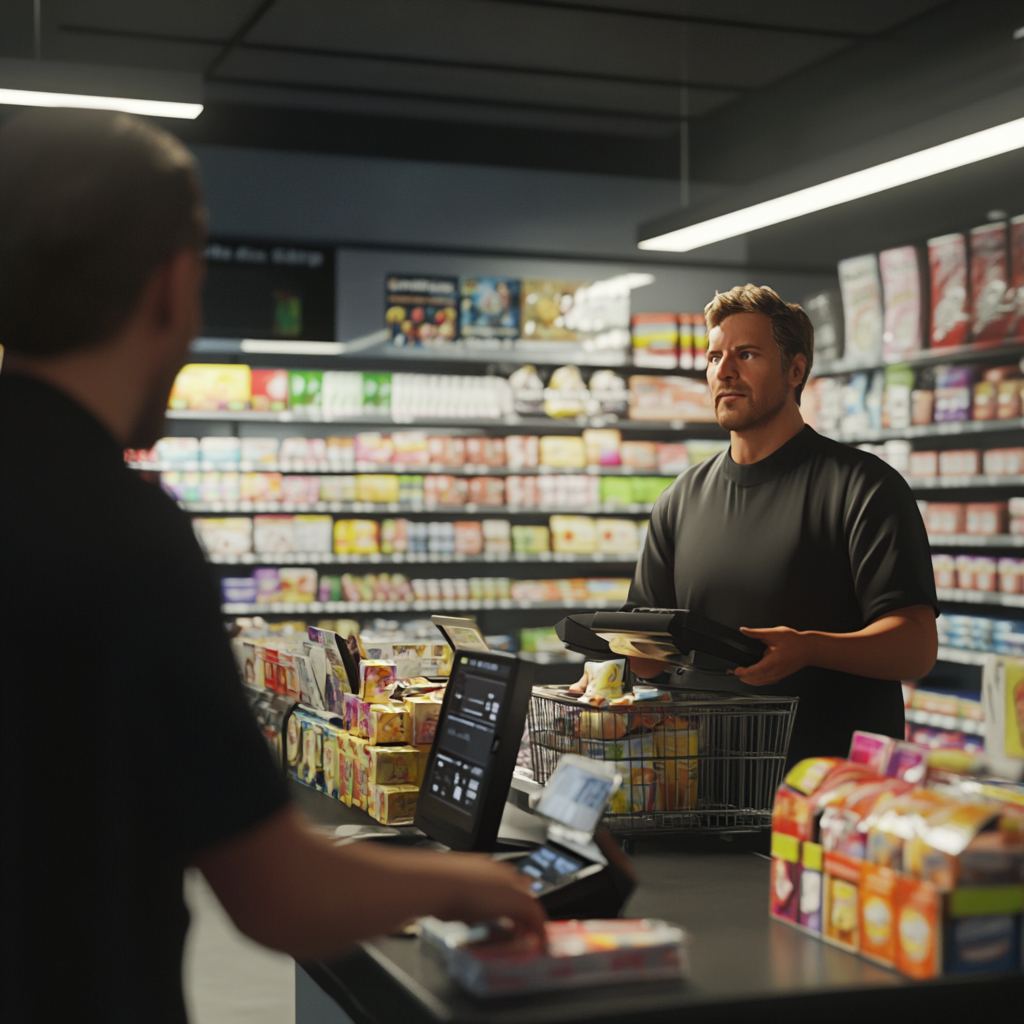 Customer's view at store checkout with warm cashier