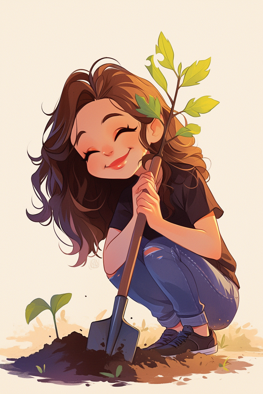 Cute, Smiling Girl in Kawaii Style, Planting Seeds