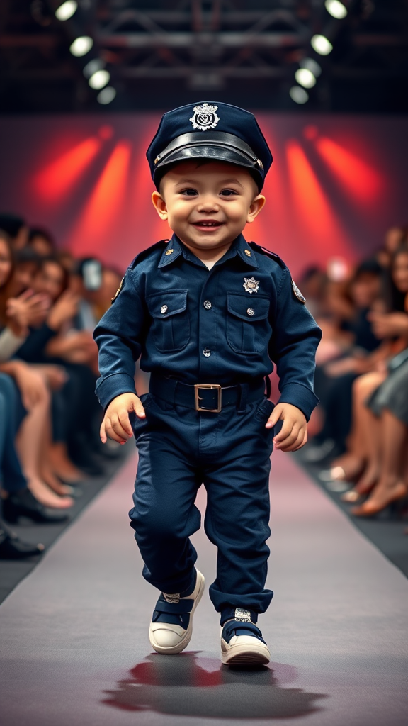 Cute Baby Police Officer Walking Runway Show