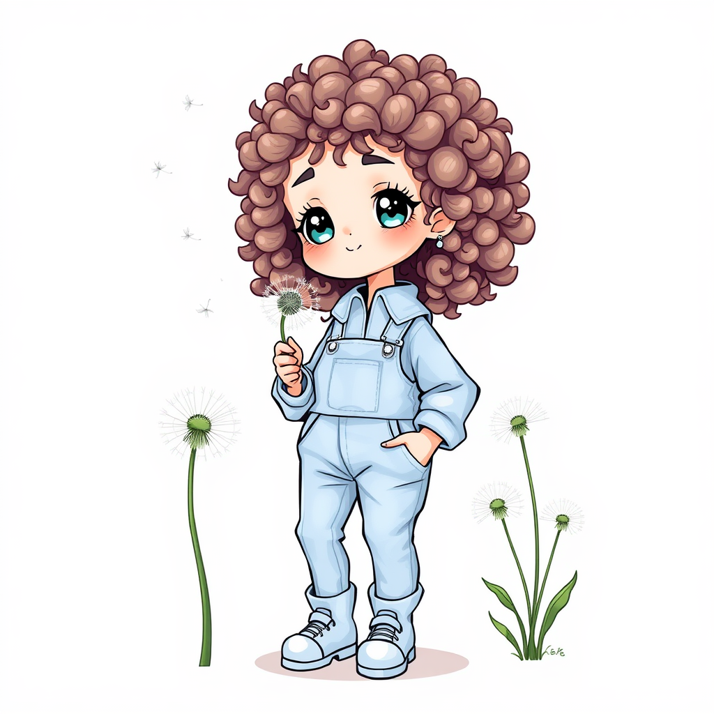 Cute Chibi Girl Blowing Dandelion in Blue Overalls