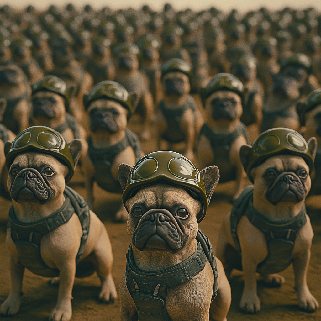 Cute French bulldogs in formation wearing helmets