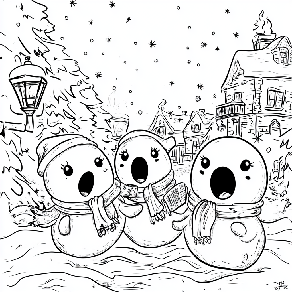 Cute Ghost Carolers in Snowy Town Scene