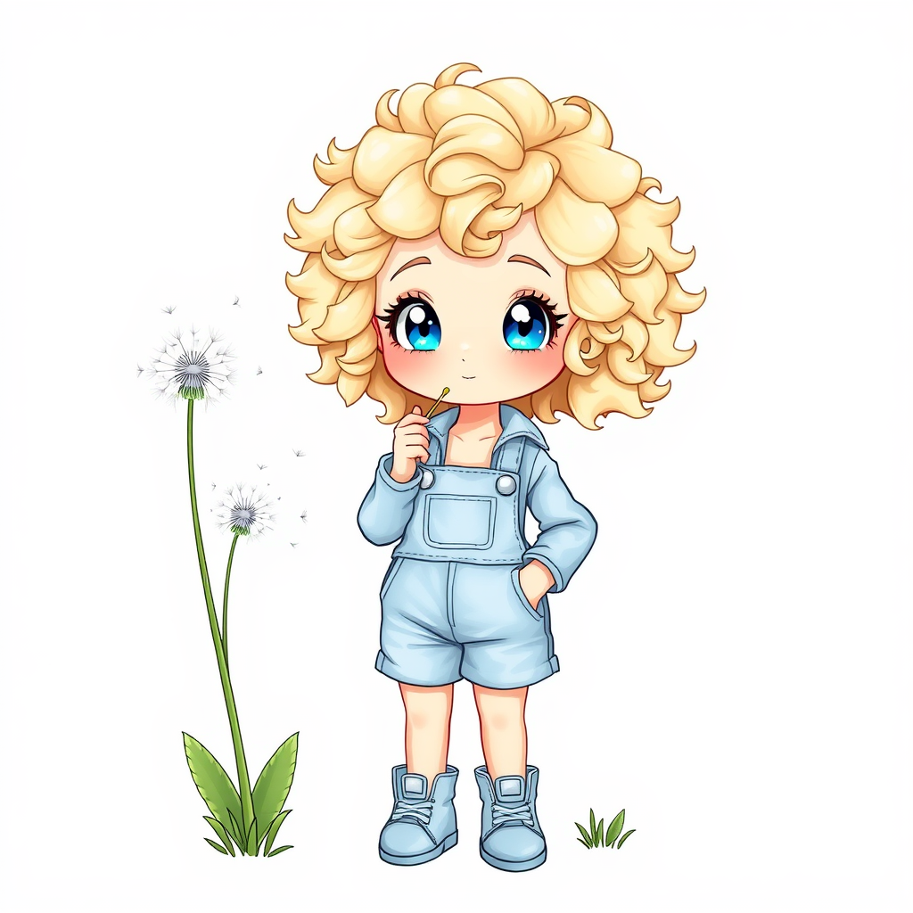 Cute Girl in Blue Outfit Blowing Dandelion Illustration