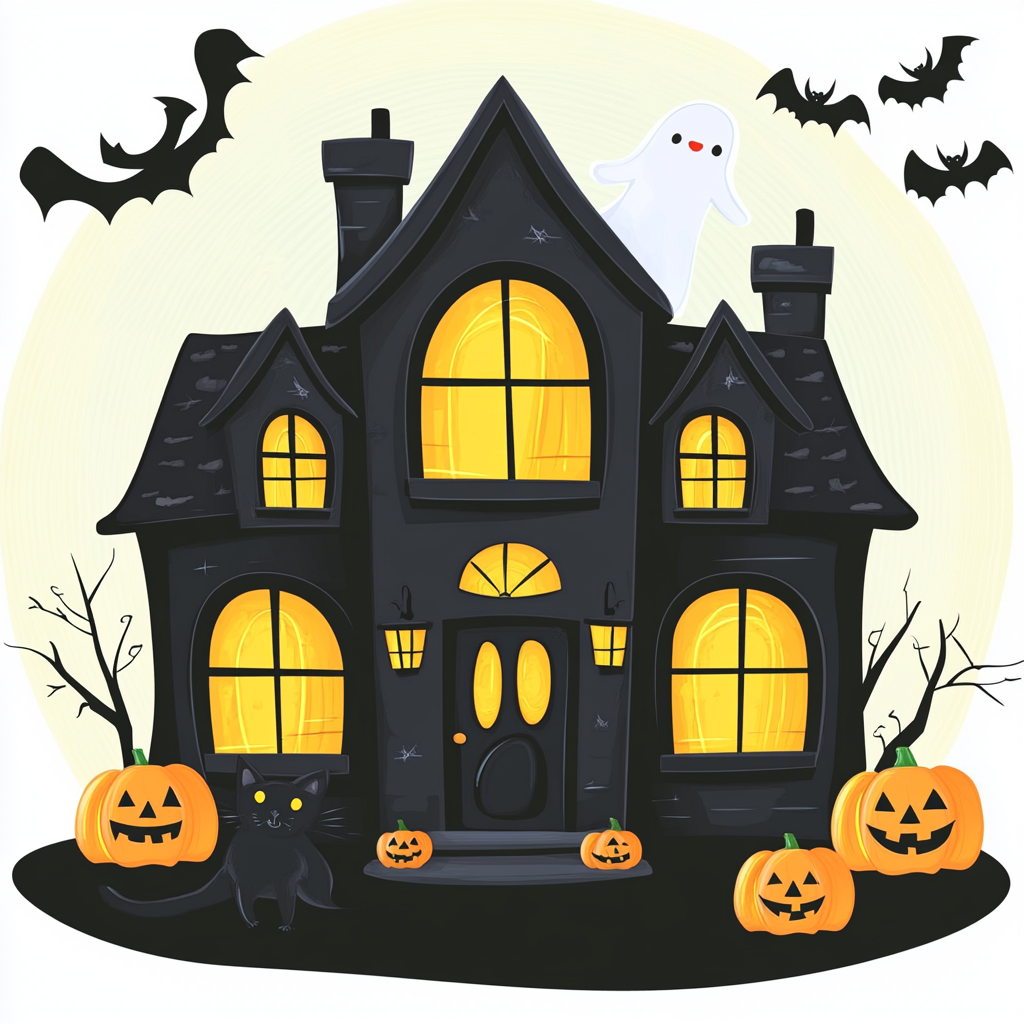 Cute Cartoon Halloween House with Friendly Ghost and Pumpkins