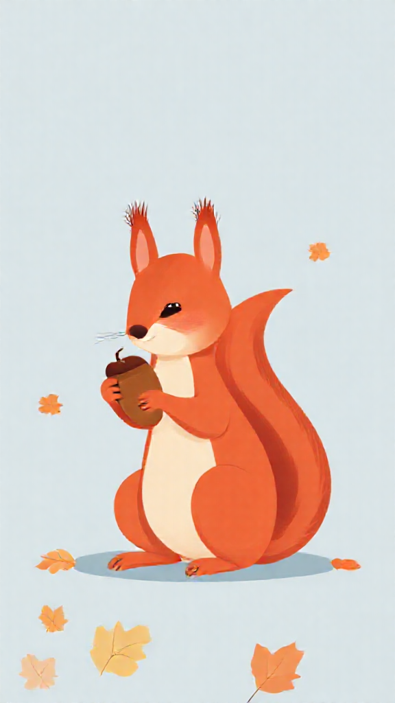 Cute Red Squirrel with Acorn on Blue Background