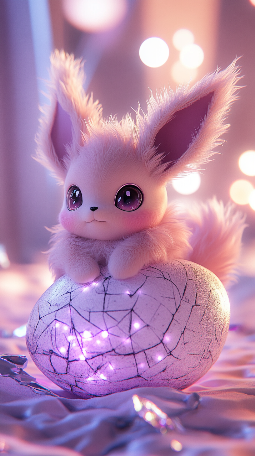 Cute baby Eevee hatching from glowing egg, dreamy background.