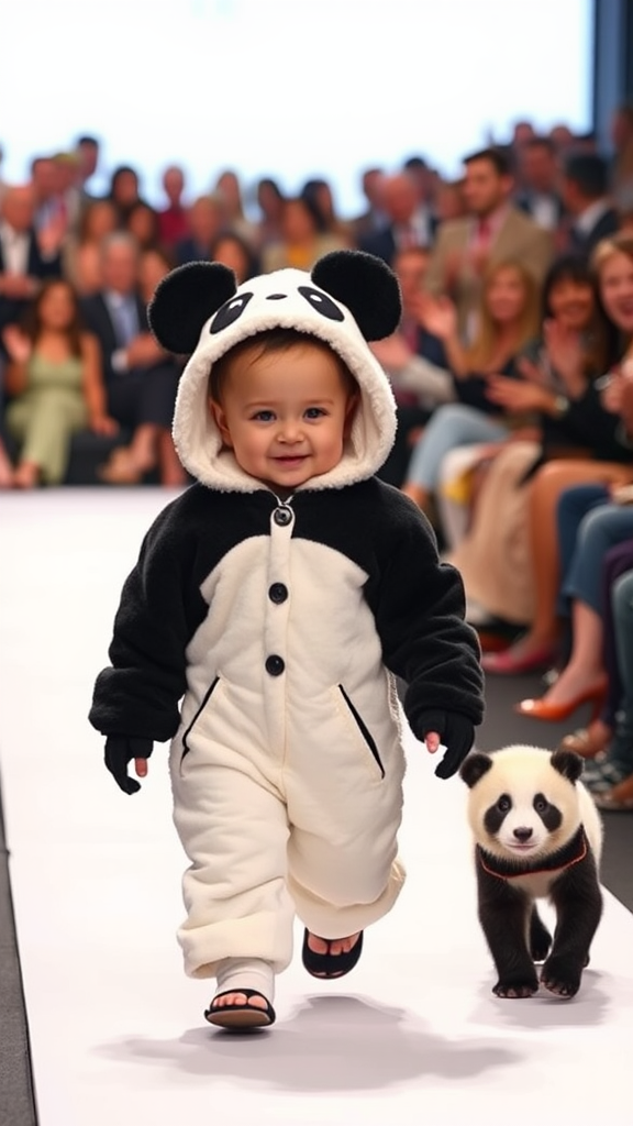 Cute baby and panda cub walk together happily.