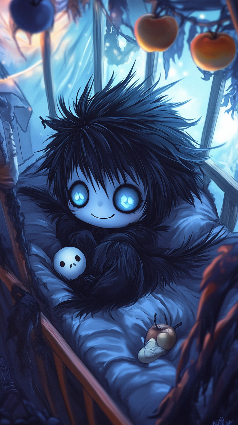 Cute chibi Ryuk in dark-themed crib, surrounded by Death Note universe elements