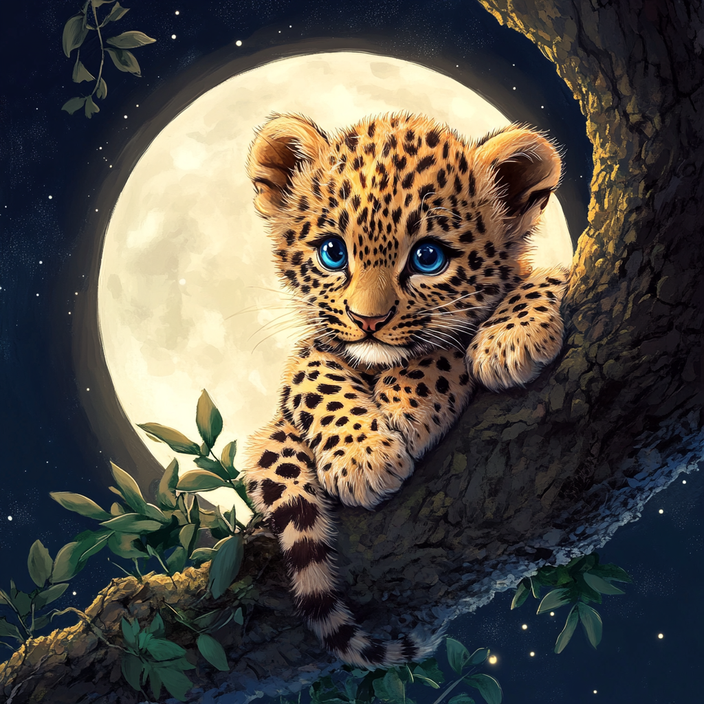 Cute fluffy leopard cub with blue eyes on tree