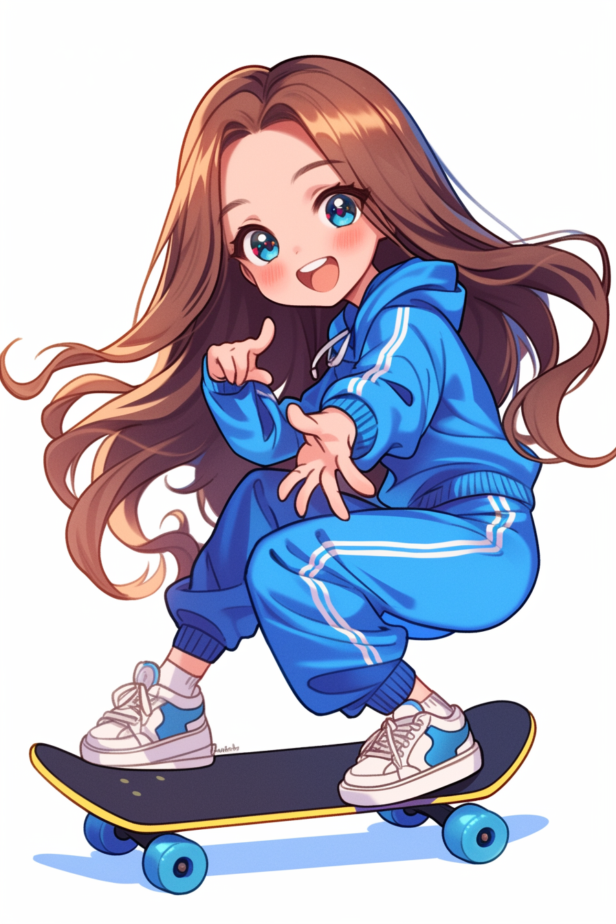 Cute girl in Armani tracksuit skateboarding