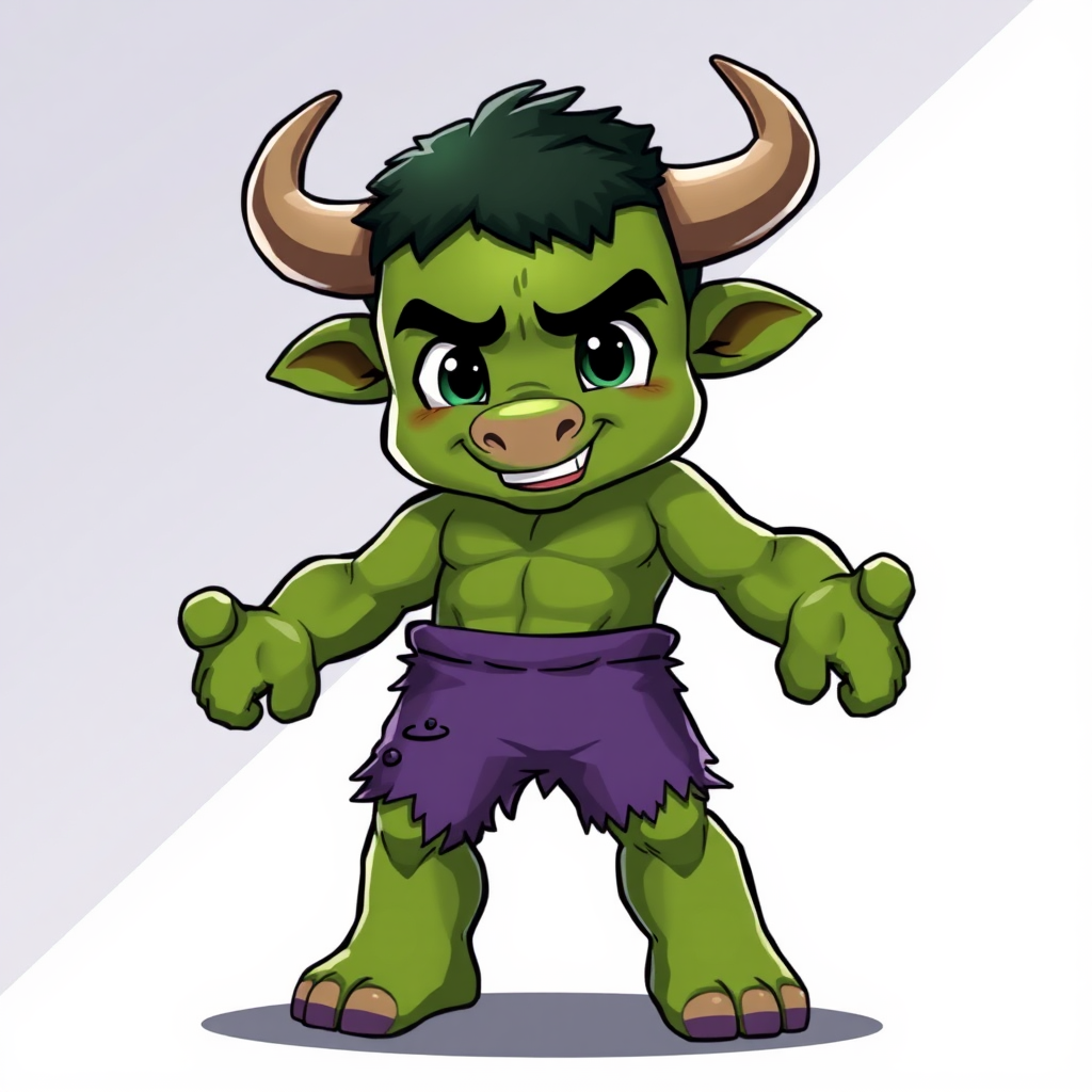 Cute green bull in torn purple pants.