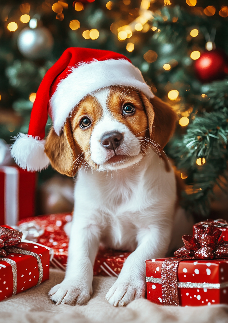 Cute puppies in Santa hats by Christmas tree