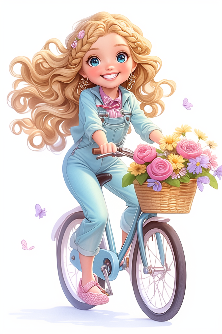 Cute smiling girl on bike with flowers.