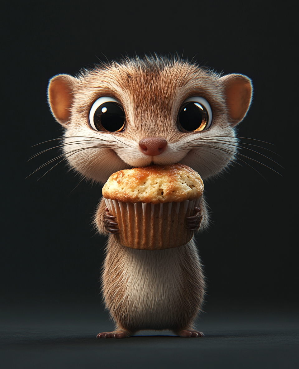 Cute weasel pulls muffin in funny cartoon style