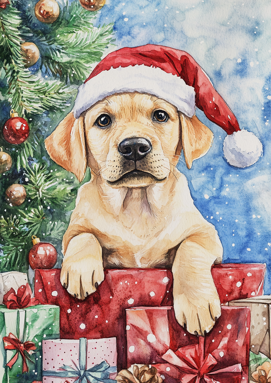 Cute yellow Labrador puppy in Santa hat on Christmas card