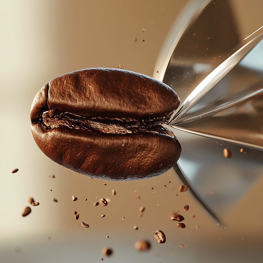 Cutting coffee bean: silver blade slices through