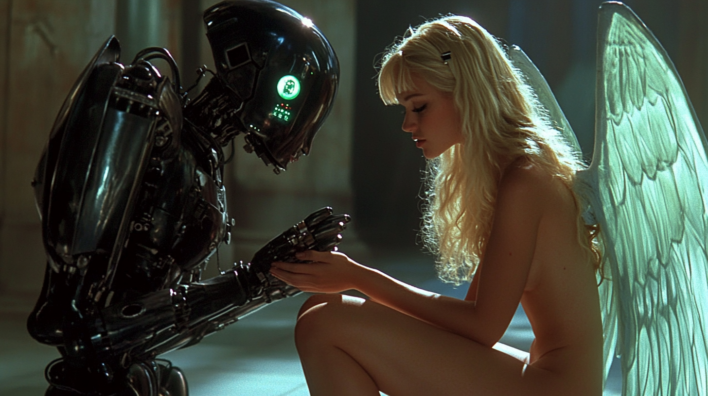 Cyber Angel Blonde Girl Talks to Green Robot