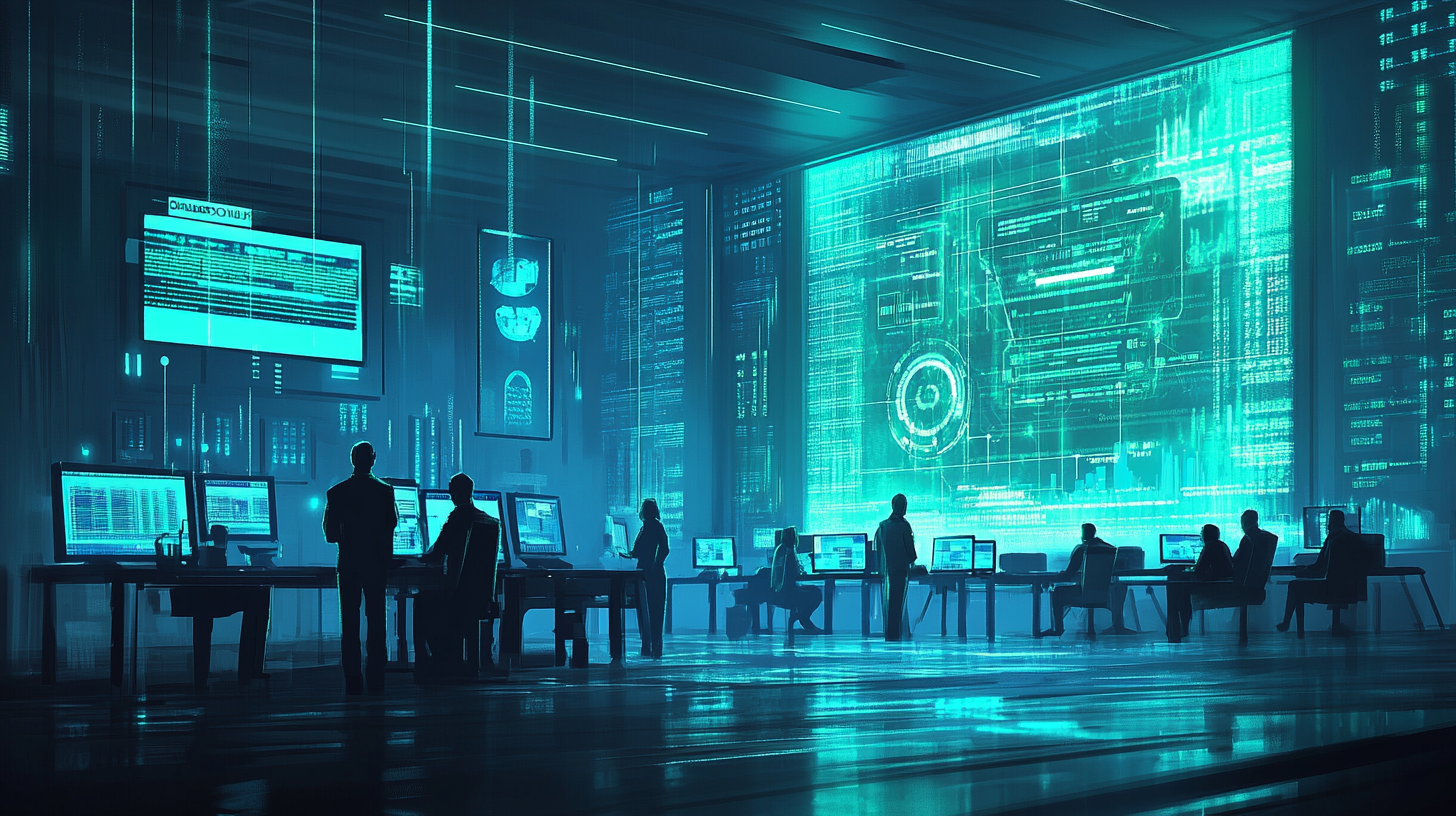 Cyber security team in futuristic workspace, dynamic and inviting