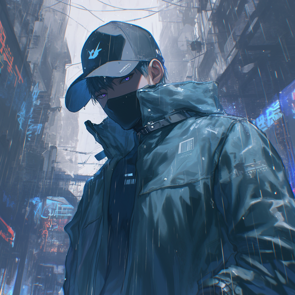 Cyberpunk detective in alley with futuristic hat and gadgets.