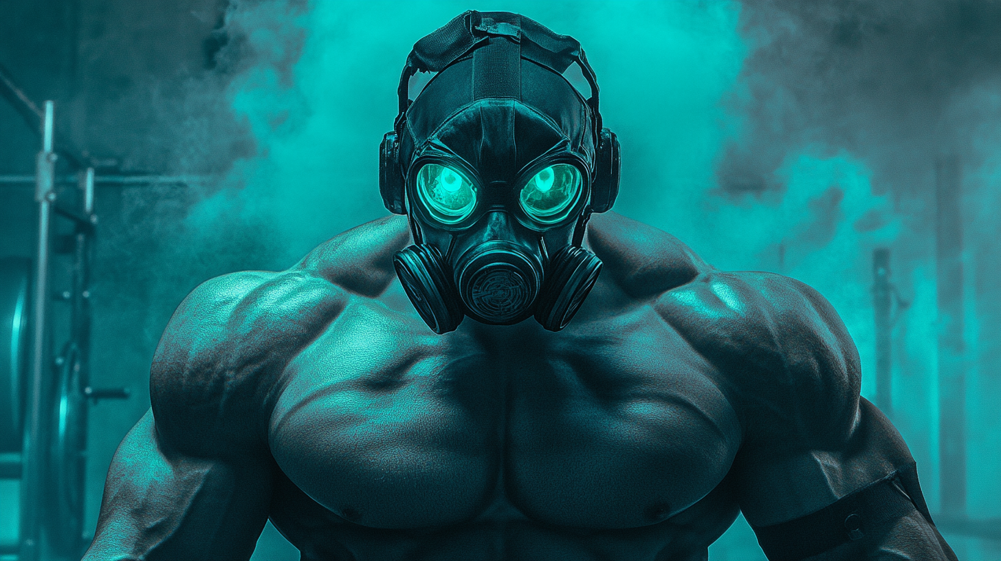 Cyberpunk gym hero with glowing teal eyes