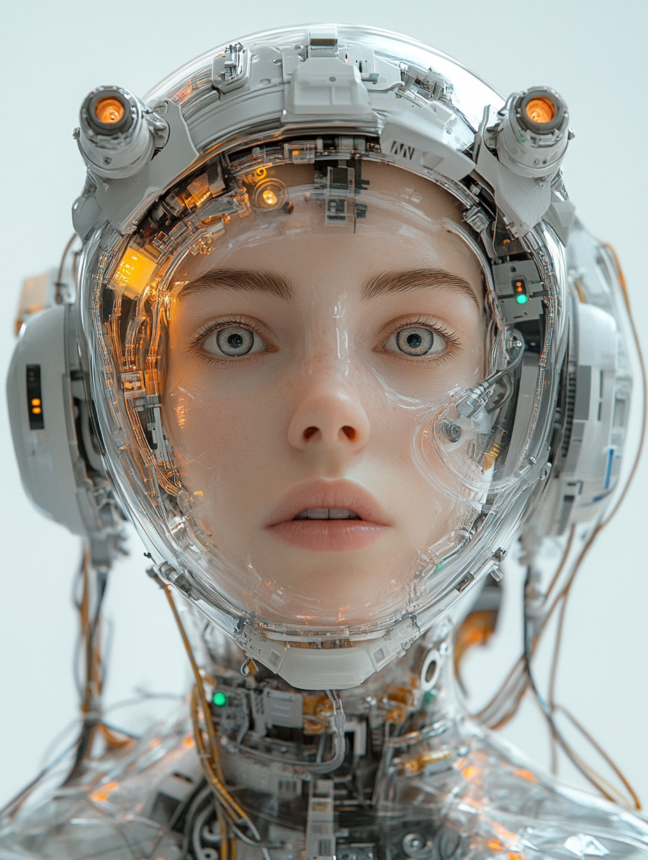 Cyborg astronaut woman's head connected to robotic body