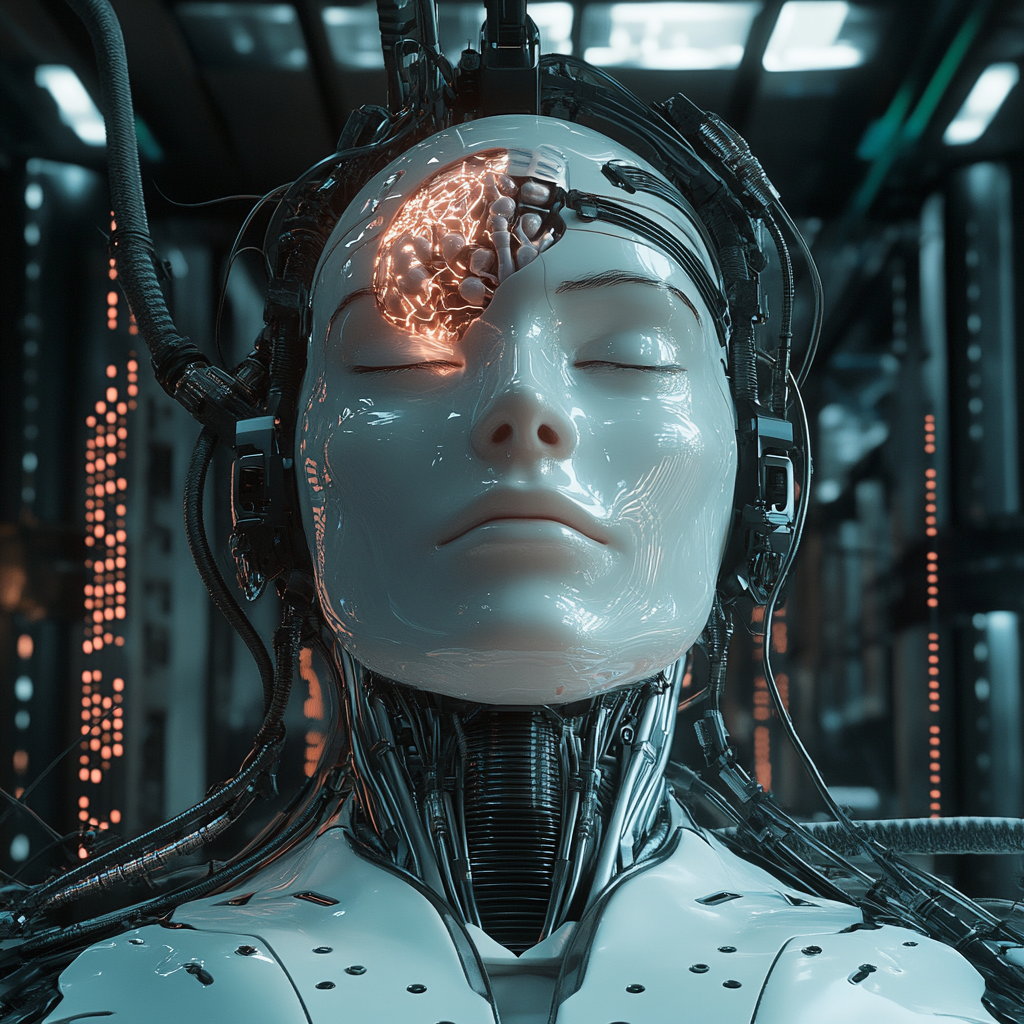 Cyborg head with closed eyes, transparent top, mechanical brain.