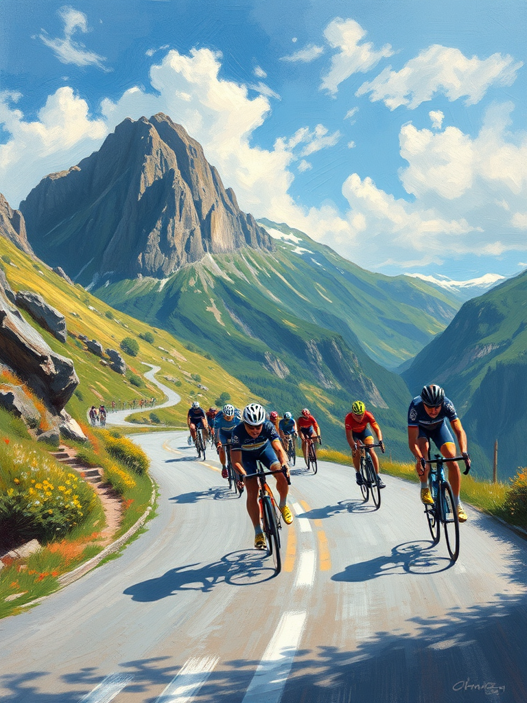 Cycling athletes on mountain road, painted in summer.