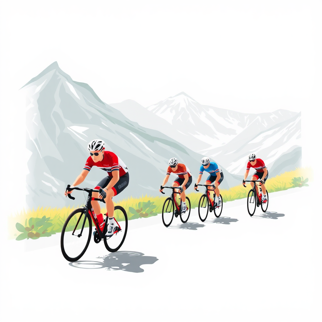 Cycling tour in mountains with training elements. Grey background.