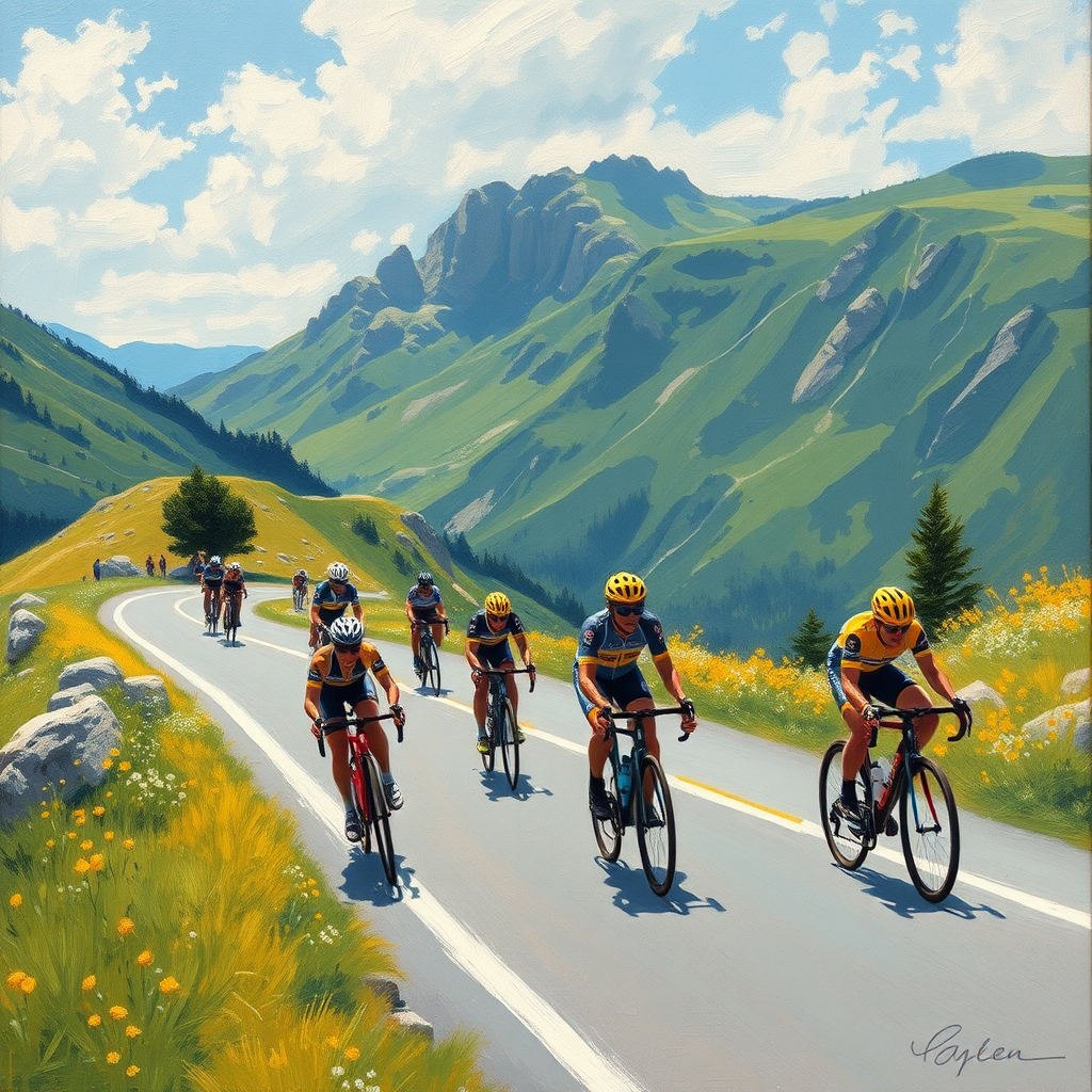 Cyclists in the Tour de France race in mountains.