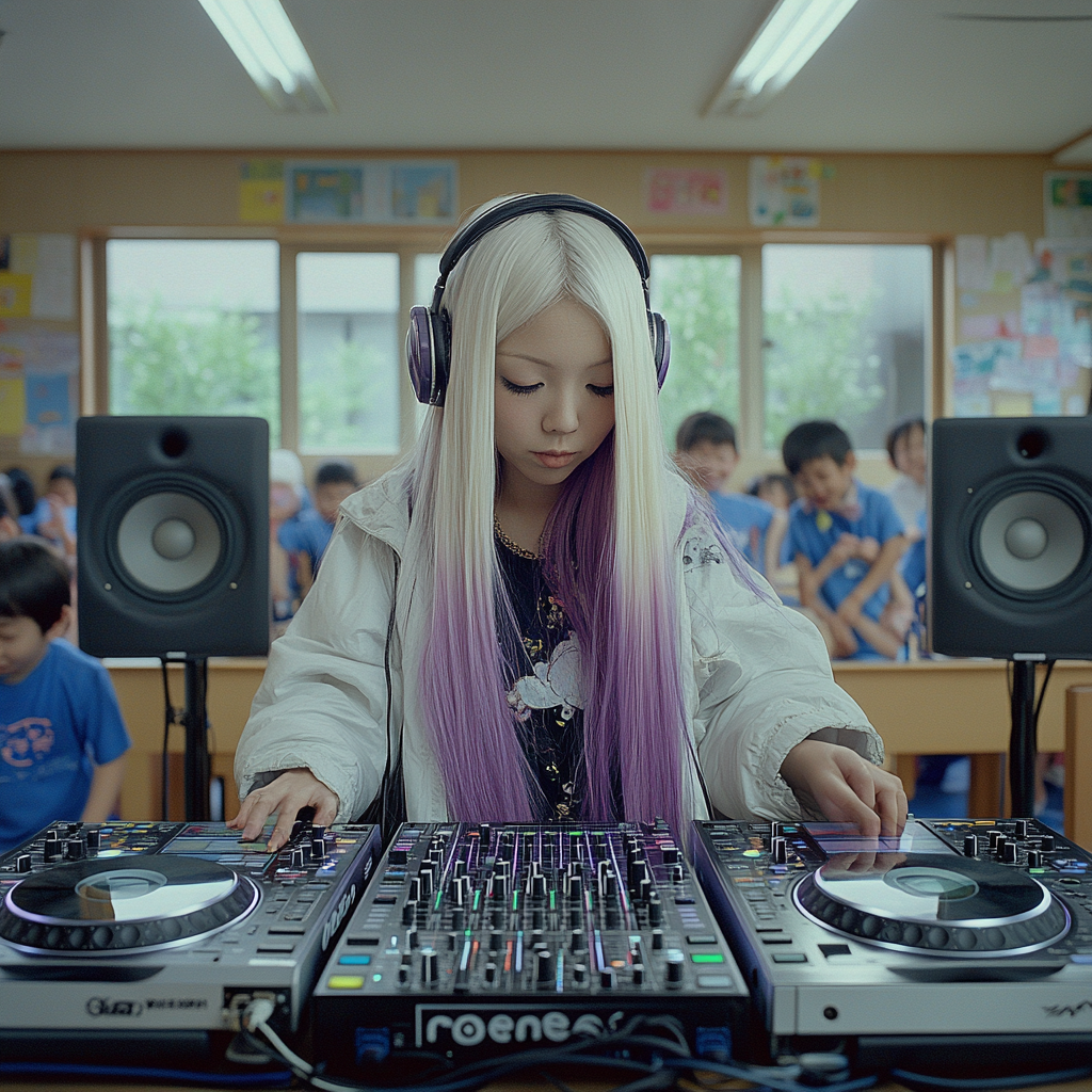 DJ Japanese Woman Spinning Music for Happy Children