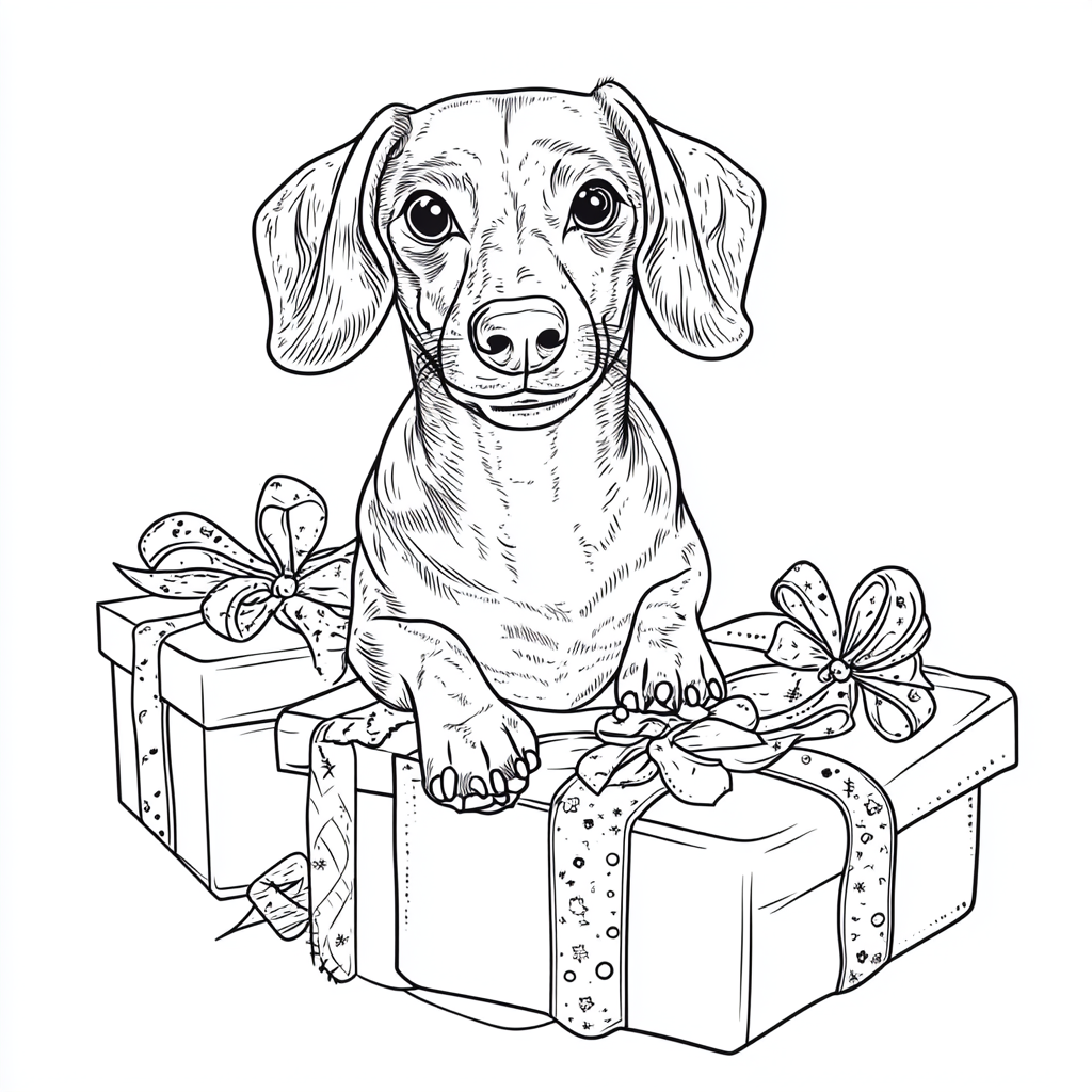 Dachshund dog in Christmas present coloring book page.