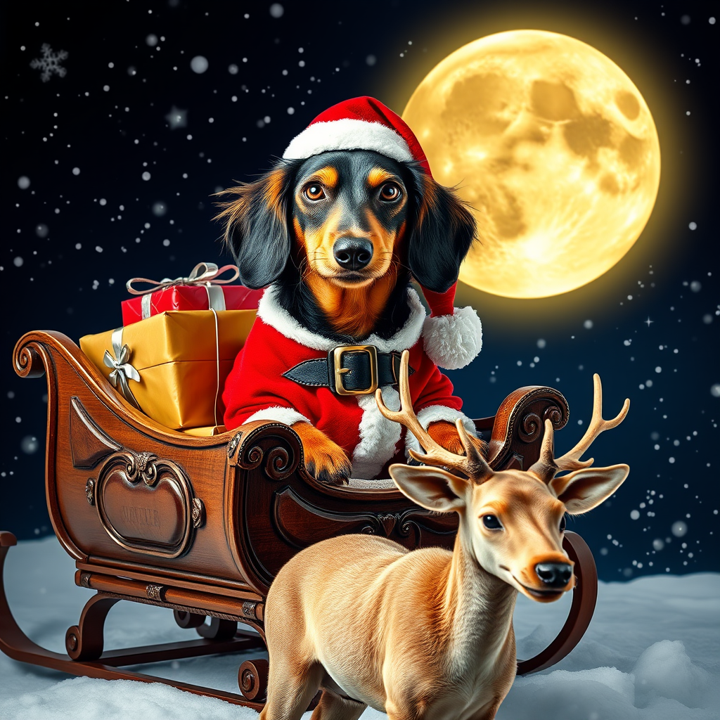 Dachshund in Santa Suit in Reindeer-Pulled Sleigh